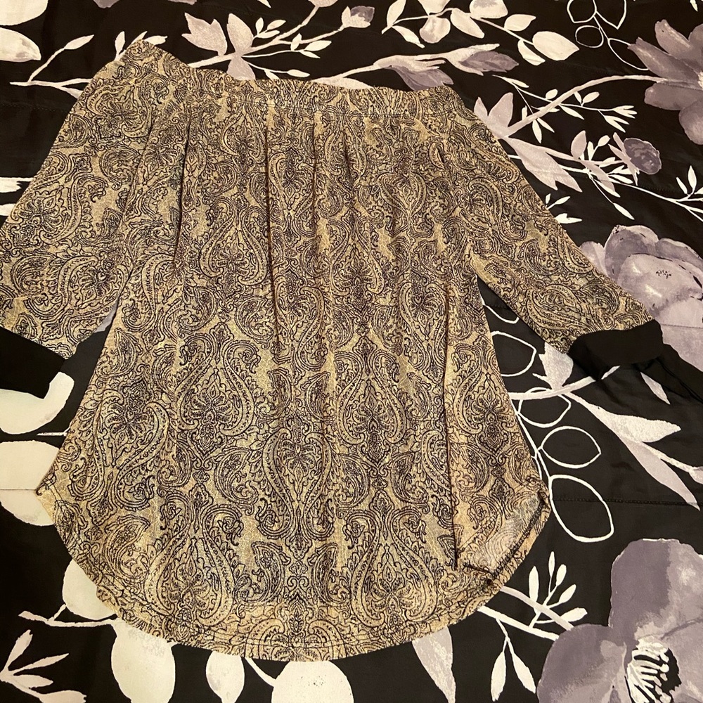 Tan with black blouse